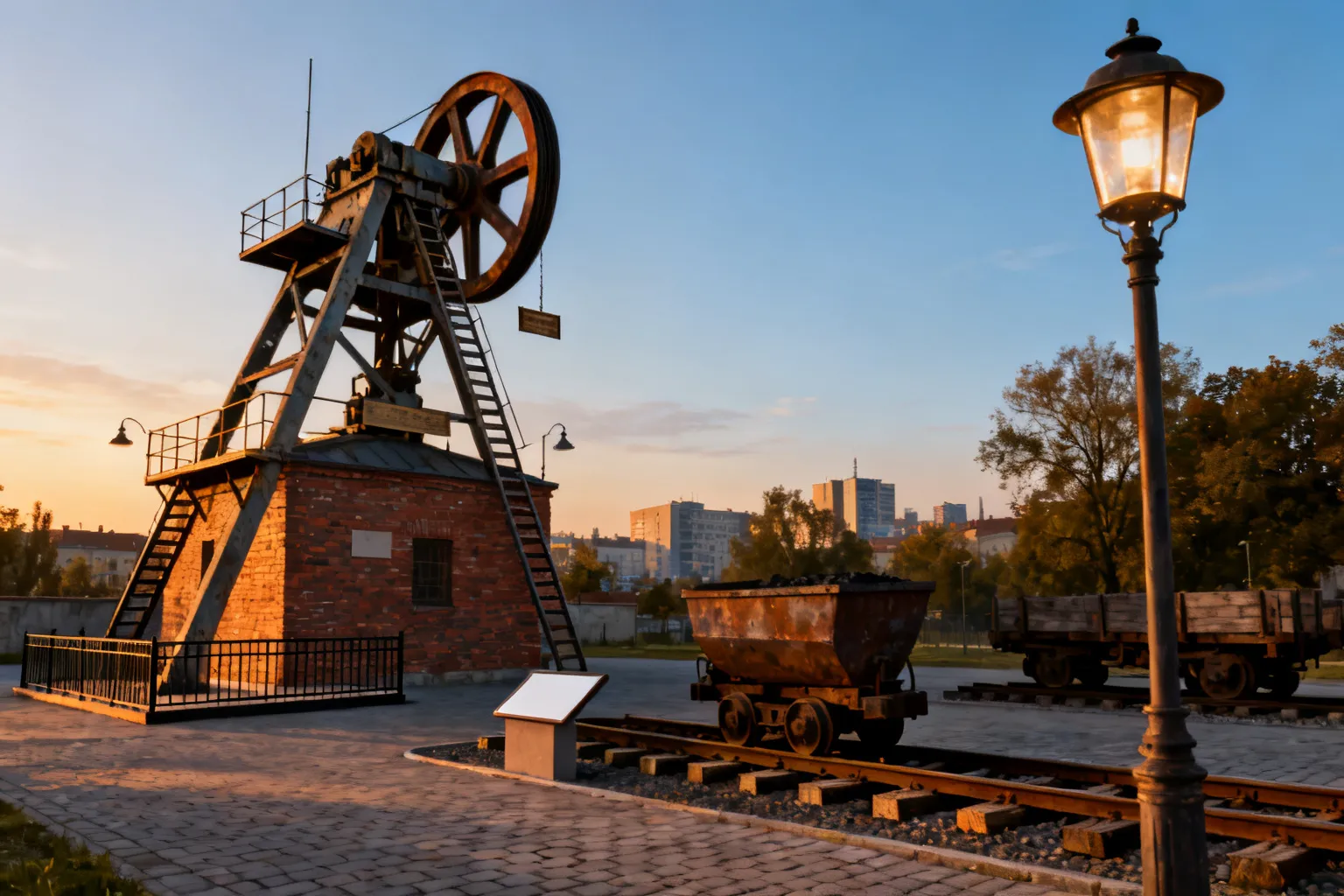 Historyczny murowany i stalowy szyb kopalniany w kadrze z detalami wyposażenia i wystawionym sprzętem górniczym, w złocistym świetle późnego popołudnia.