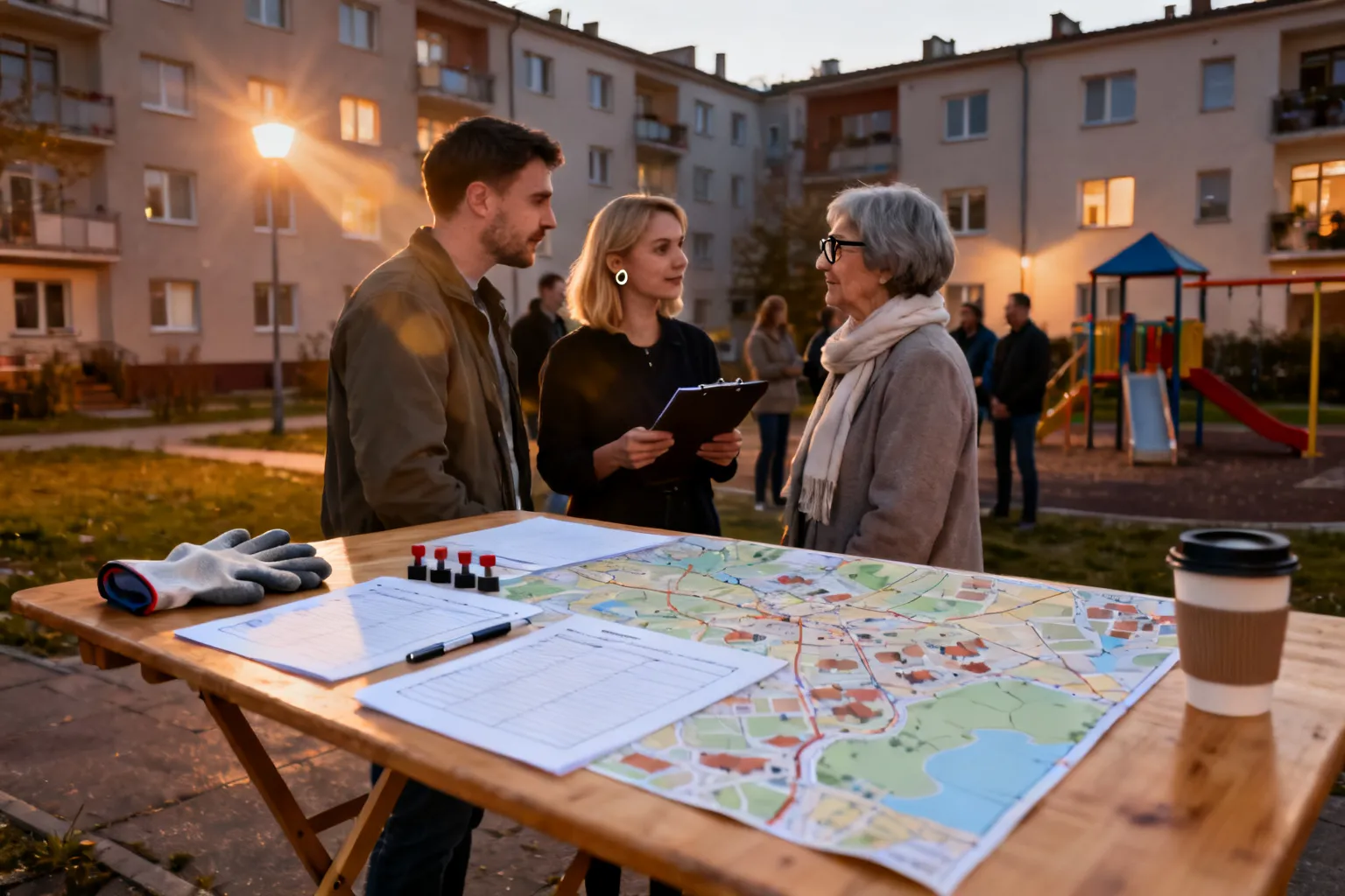 Wieczorne spotkanie sąsiedzkie w podwórku Bogucic przy stole z mapą i formularzami, mieszkańcy dyskutują o lokalnych sprawach.
