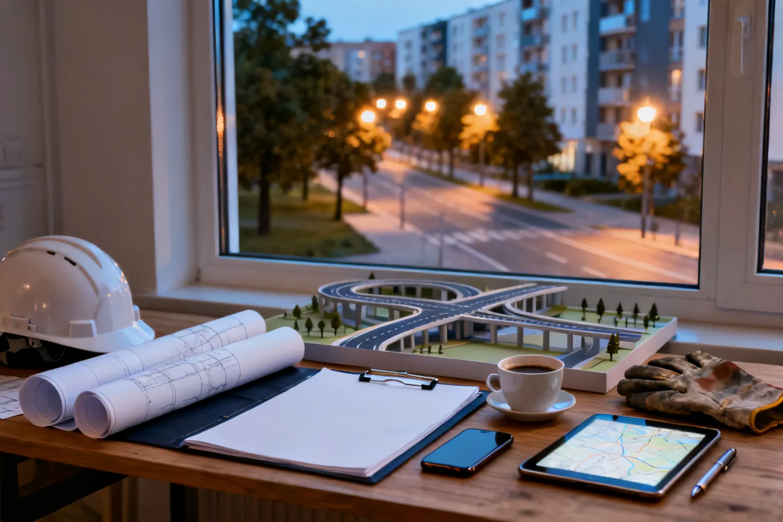 Stół z planami i makietą węzła drogowego, kask, rękawice i tablet – scena planowania inwestycji drogowych w Katowicach.