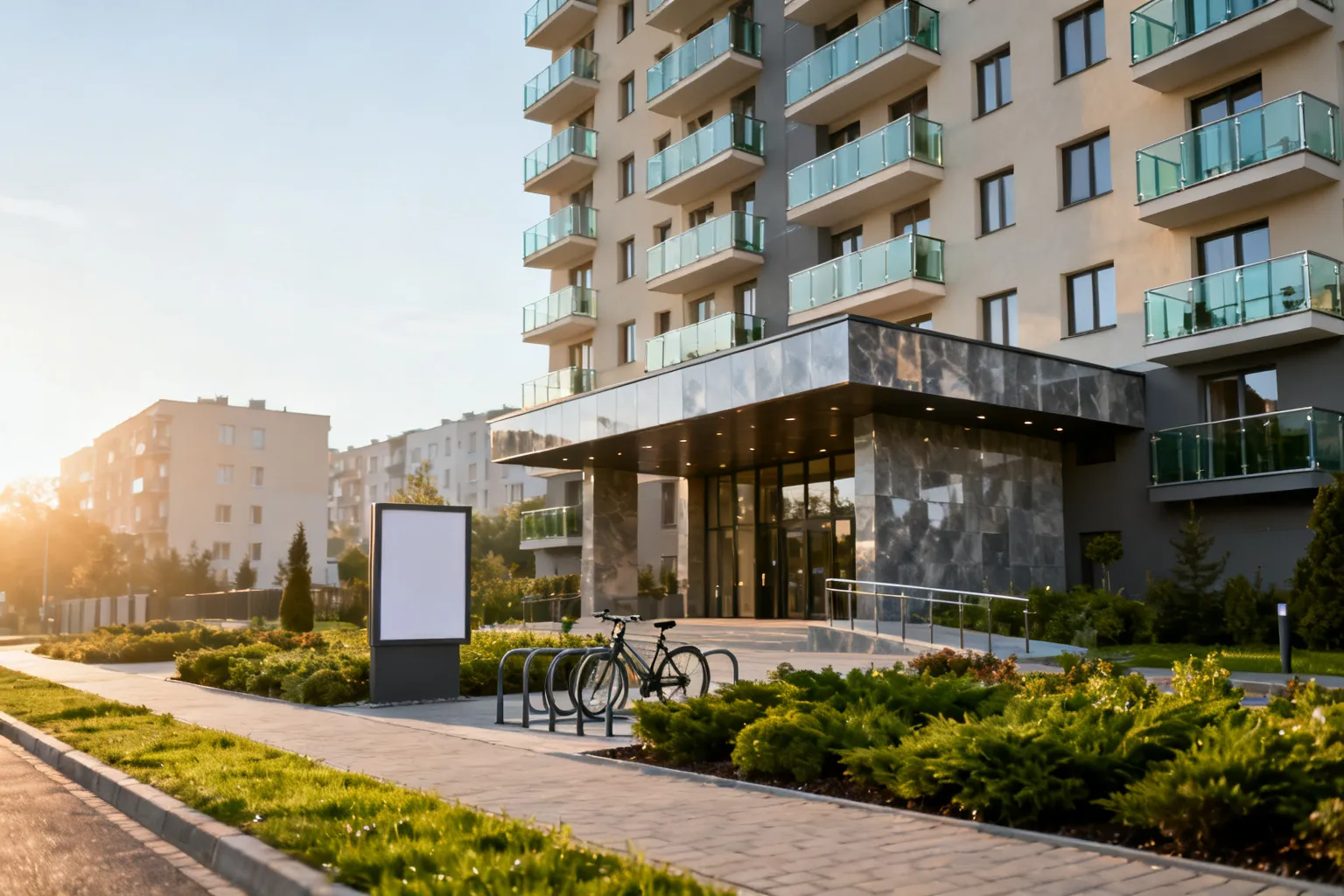 Nowoczesna fasada apartamentowca z balkonami i zadbanym chodnikiem, wizualizacja polecanych lokalizacji mieszkaniowych w Katowicach.