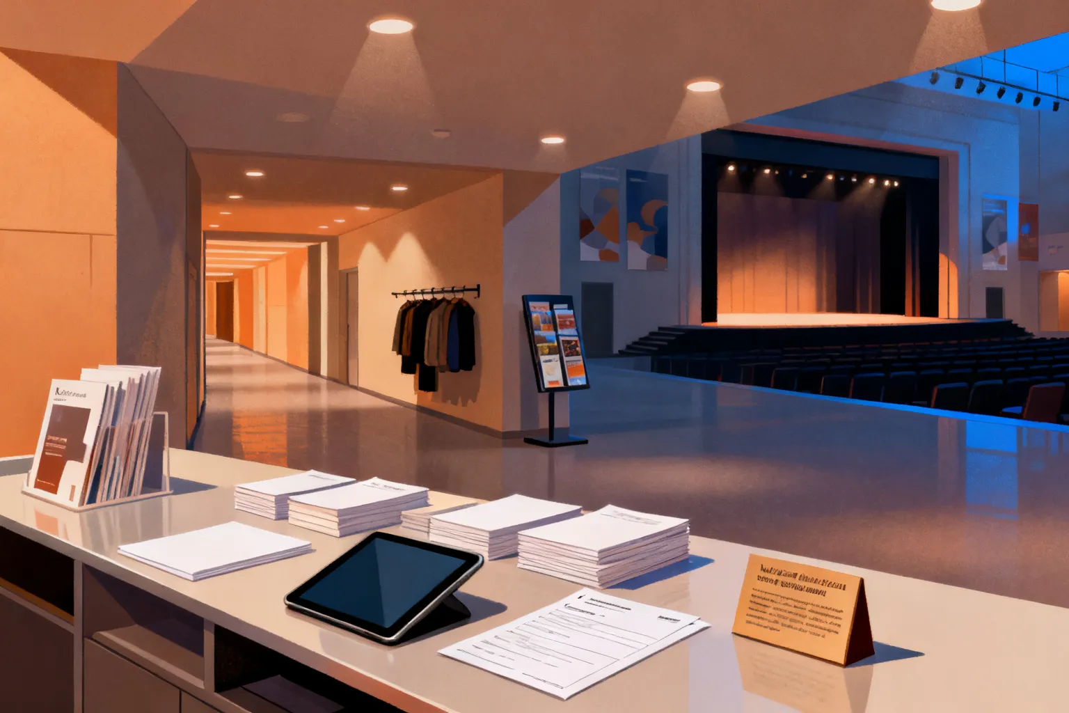 Wnętrze nowoczesnego centrum kultury w Katowicach: infodesk, korytarz prowadzący do sal pokazowych i rozświetlone foyer wieczornym światłem.