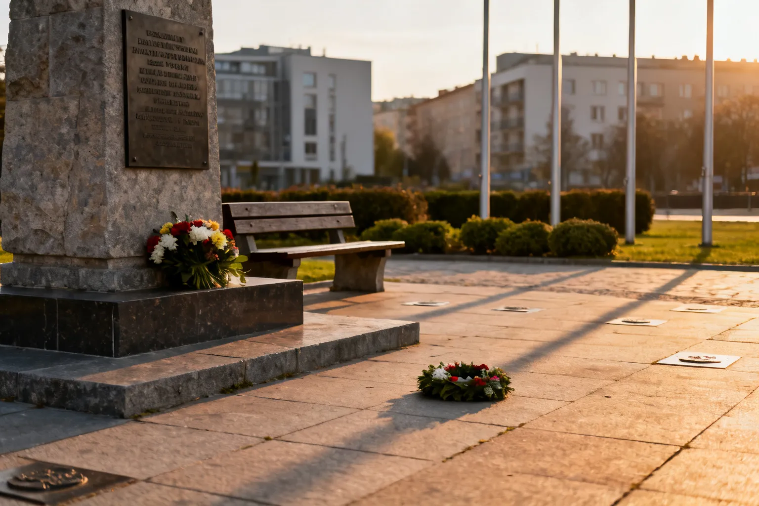Kamienny pomnik i ławka z kwiatami na zadbanym placu w Katowicach, miejsce pamięci narodowej o spokojnej aurze.