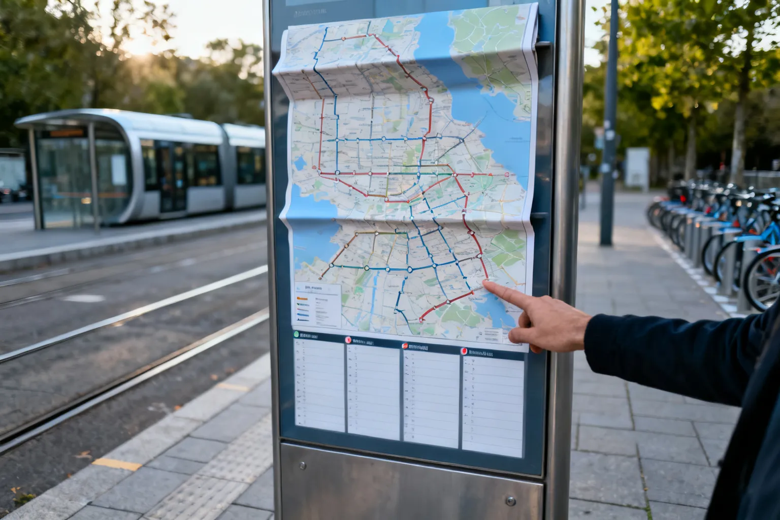 Podróżny wskazuje mapę w nowoczesnym kiosku informacyjnym przy przystanku tramwajowym, ułatwiając orientację węzłów komunikacyjnych Katowic.