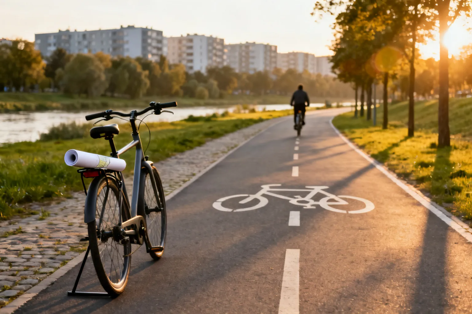 Parkowy pas rowerowy w Katowicach o zmierzchu; w pierwszym planie stojący miejski rower, dalej ścieżka prowadząca wzdłuż zielonego nabrzeża.