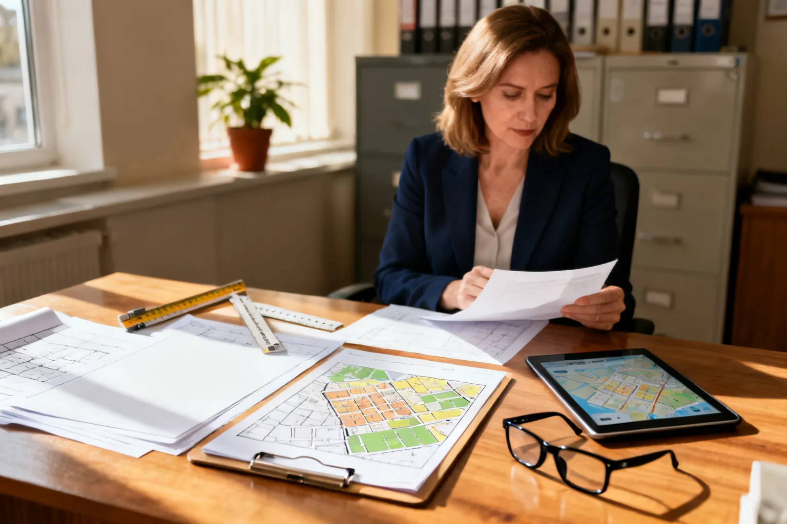 Biuro planowania miejskiego z dokumentami, mapą i tabletem na biurku; urzędniczka przegląda plany dotyczące zagospodarowania Katowic.