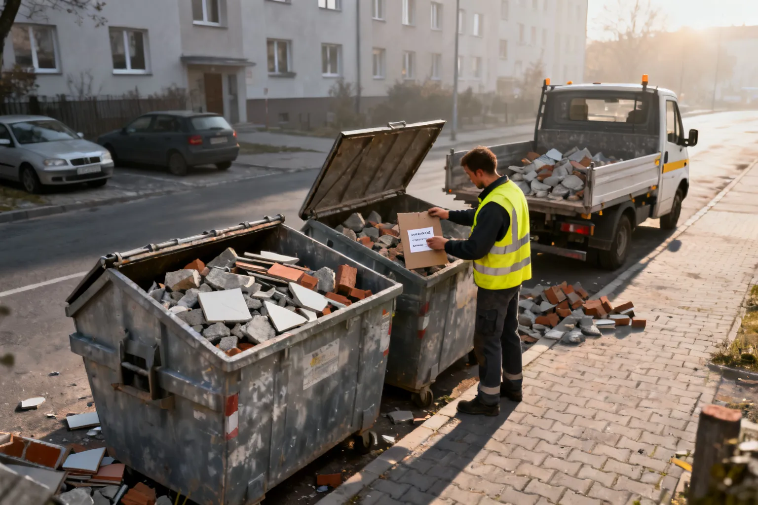 Miejski punkt odbioru gruzu w Katowicach: pojemniki z cegłami i płytkami, pracownik oznacza kontener, samochód komunalny w tle.