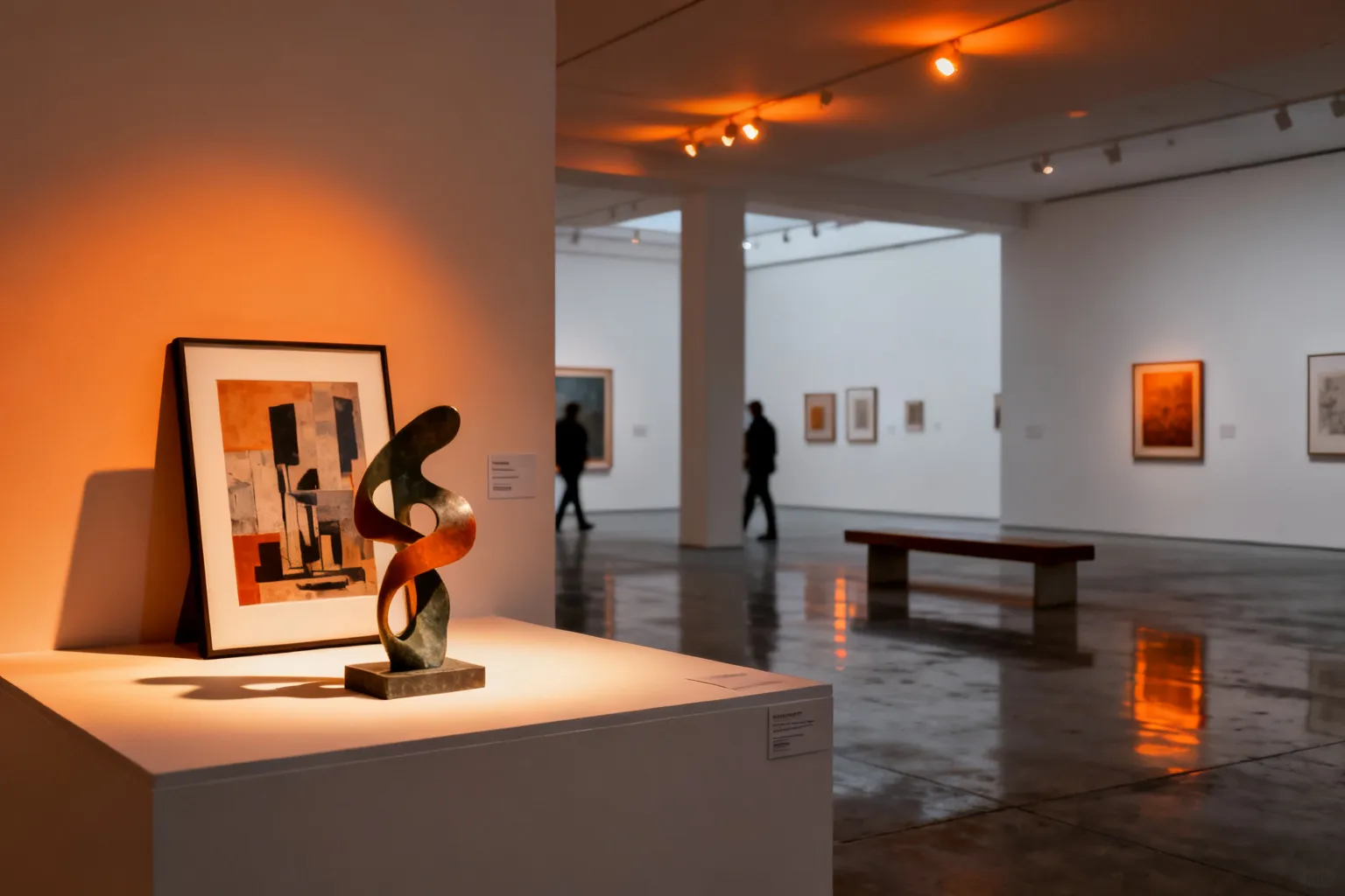 Wnętrze nowoczesnej galerii w Katowicach z podświetloną podstawą prezentującą abstrakcyjny rzeźbiarski obiekt i oprawiony druk, spokojna atmosfera wystawy.