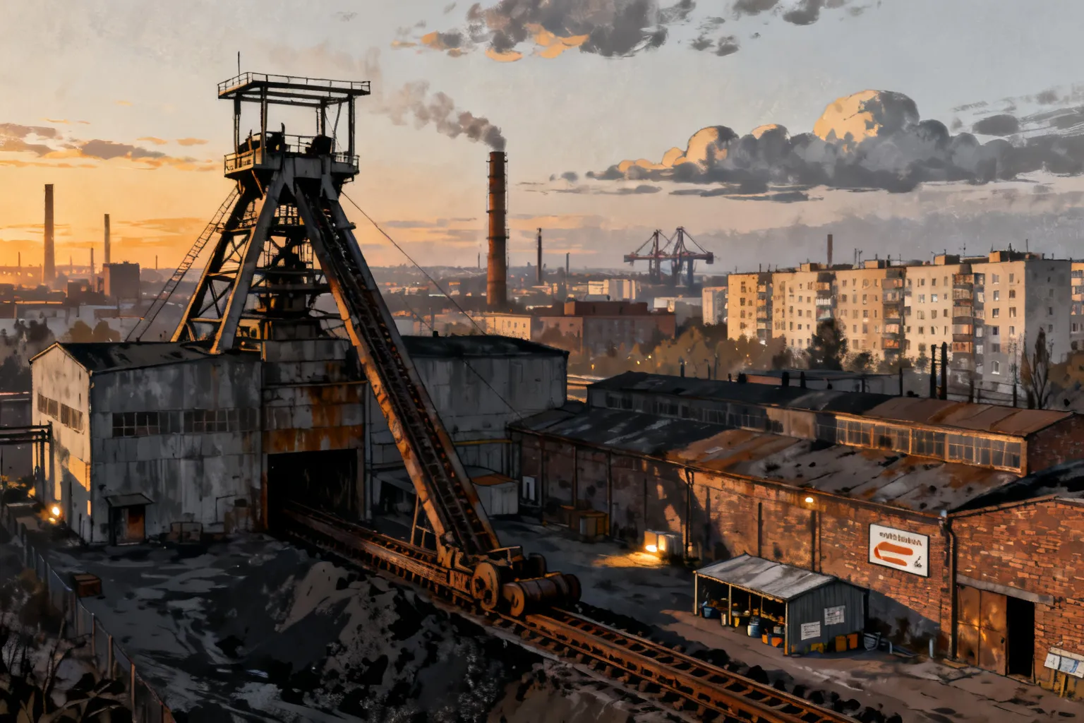 Stylizowany rysunek szybu i zabudowań kopalni w Katowicach na tle przemysłowego skyline’u o zmierzchu, bez osób.