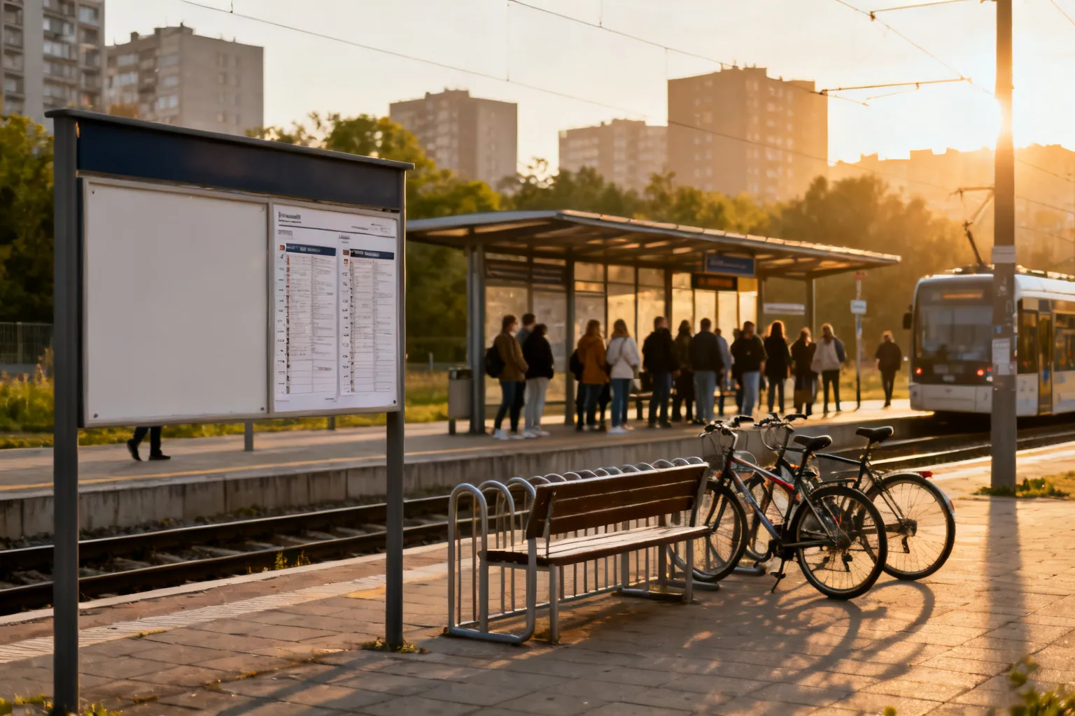 Przechodzący przez estakadę pieszą pasażerowie czekają na zadaszonych peronach przystanków w nowoczesnym węźle przesiadkowym Katowic.