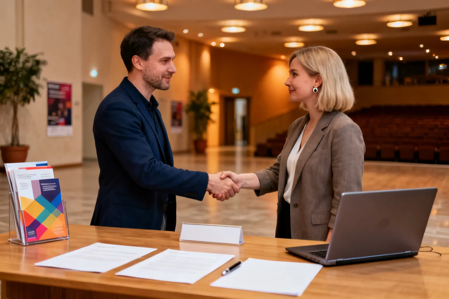 Dwie osoby ściskają sobie dłonie przy stole z dokumentami i laptopem, symbolizując nawiązywanie współpracy przy wynajmie przestrzeni kulturalnej.