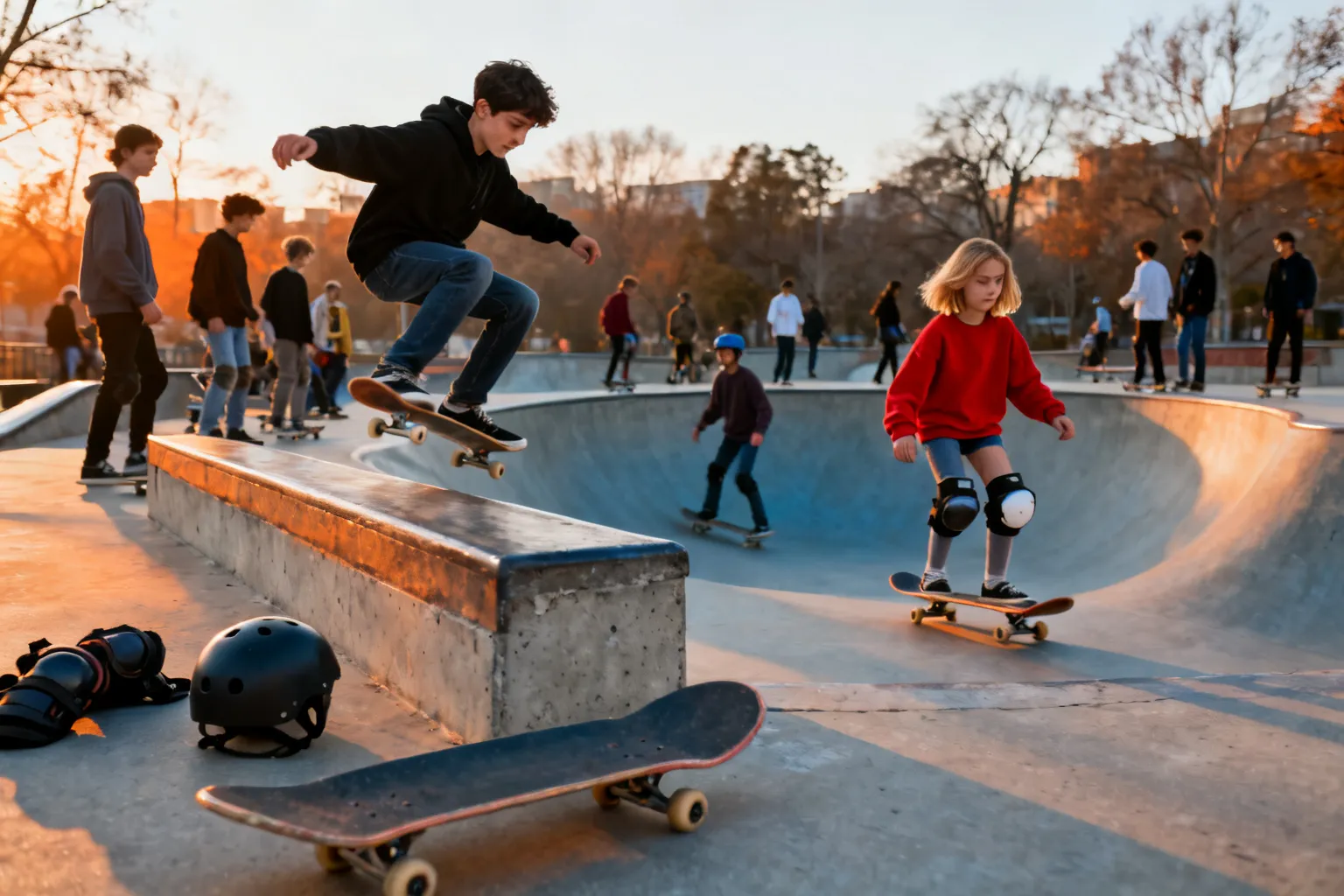 Nowoczesny skatepark w Katowicach oświetlony złotym popołudniowym światłem, skaterzy ćwiczący triki przy gładkim betonie i poręczach.