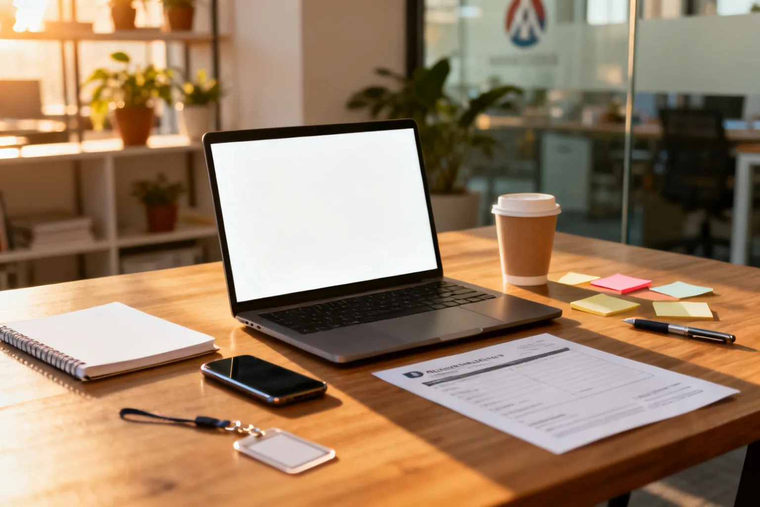 Porządek na biurku akceleratora: laptop, notatnik, formularz zgłoszeniowy i kubek przy słonecznym, wspólnym coworkingu.
