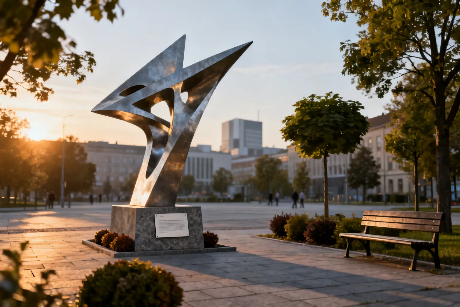 Nowoczesna stalowa rzeźba na miejskim placu w Katowicach, ławka i krzewy na pierwszym planie, ciepłe światło zachodu.