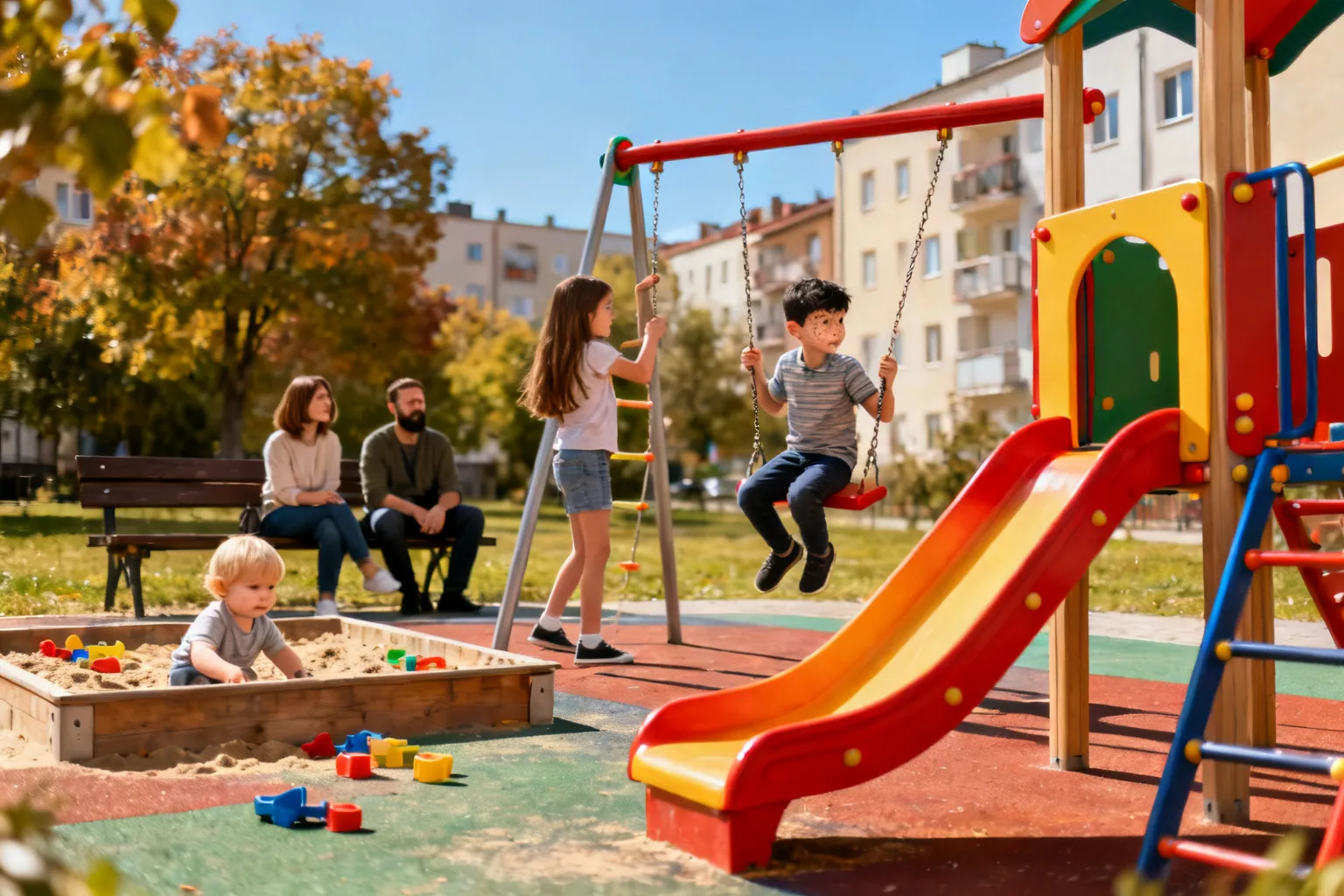 Kolorowy plac zabaw w Katowicach z huśtawkami, zjeżdżalnią i piaskownicą, bawiącymi się dziećmi i opiekuńczymi dorosłymi.