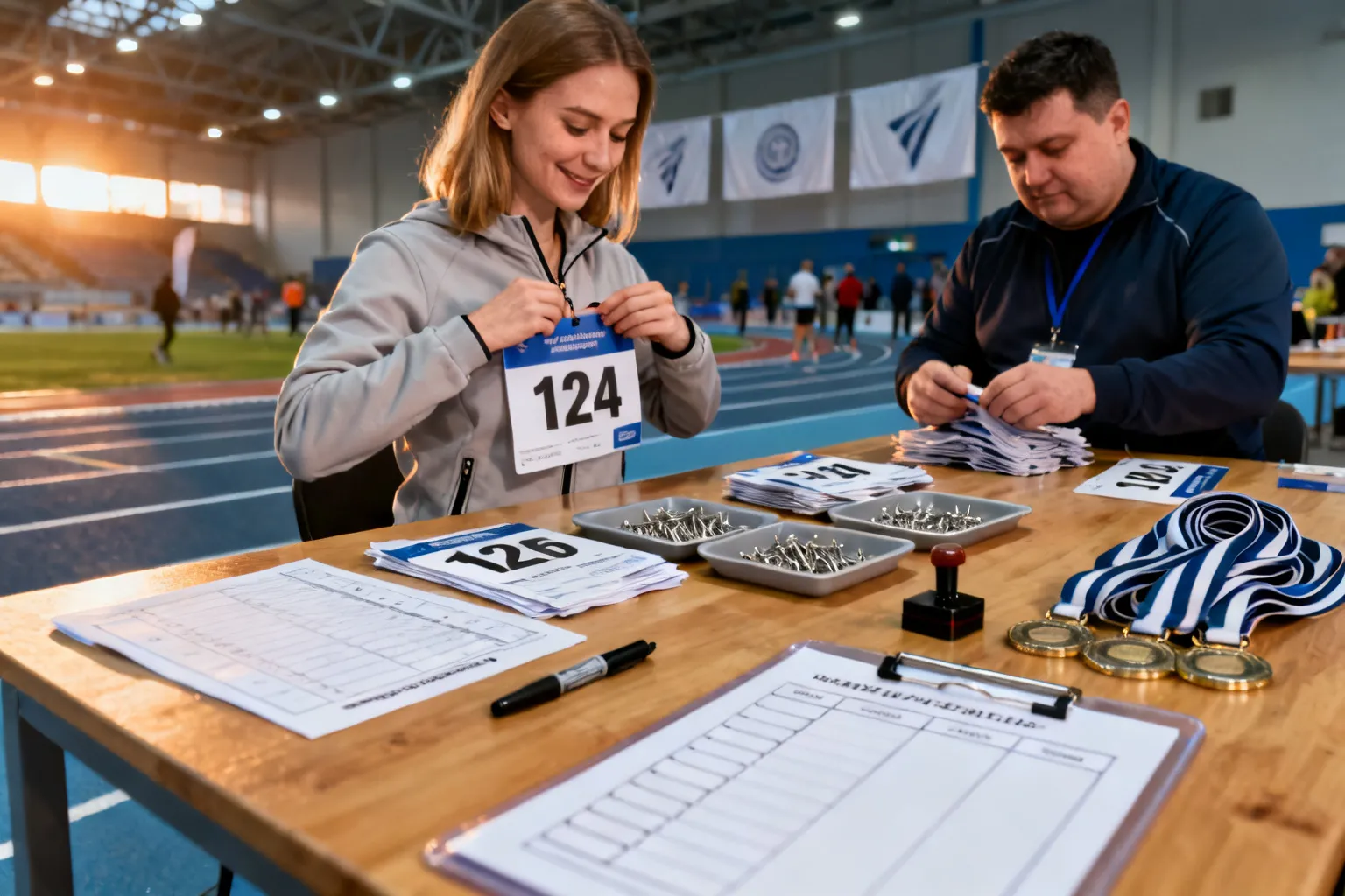 Stoisko rejestracyjne Festiwalu Biegowego w Katowicach: wolontariusze wydają numerki i medale przy drewnianym stole, przygotowania przed startem.