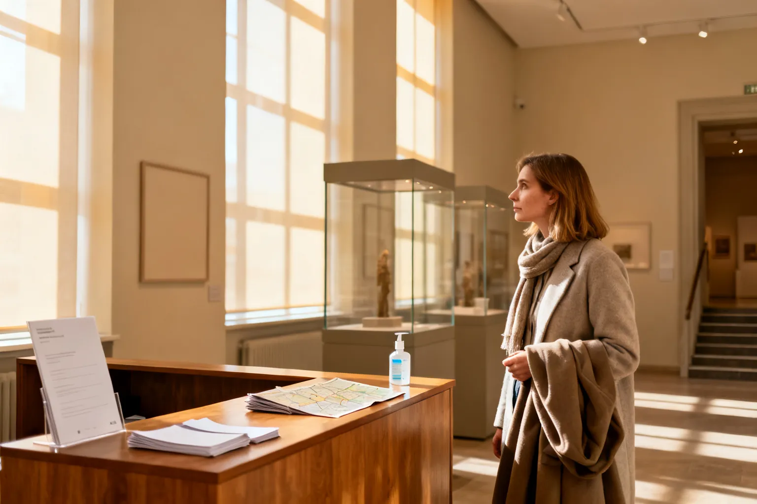 Tłumaczenie: jasne wejście do muzeum w Katowicach z recepcją, mapą i odwiedzającą kobietą oglądającą gablotę w świetle porannego słońca