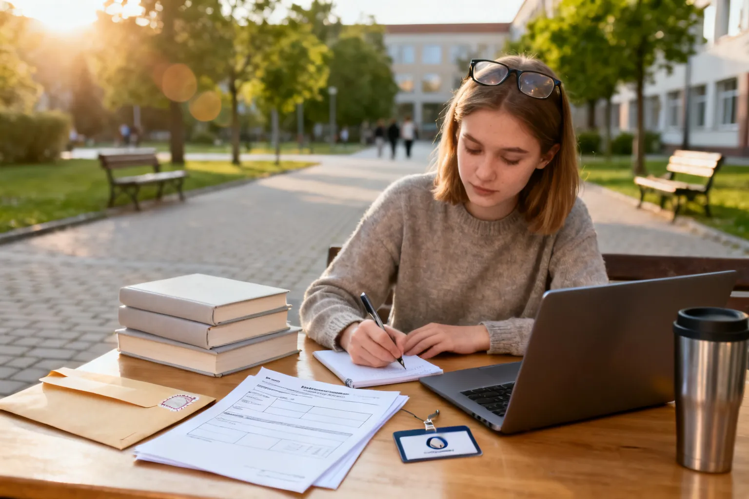 Studentka w plenerowym miejscu do nauki w kampusie Katowic, wypełniająca formularze rekrutacyjne przy laptopie i książkach, poranna, ciepła atmosfera.