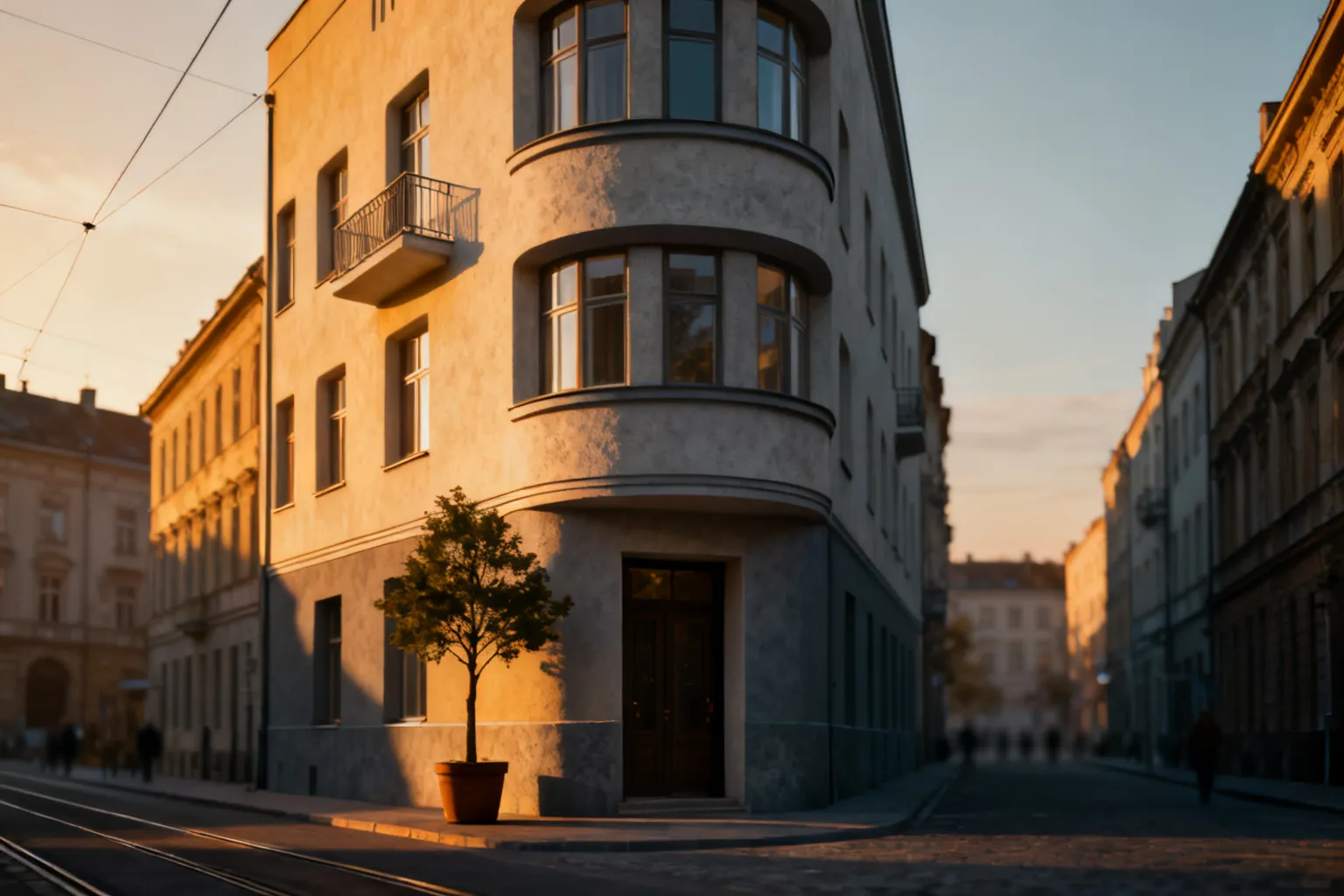 Fotorealistyczna elewacja modernistycznego budynku z międzywojennych Katowic: poziome pasy okien, prosty balkonik i donica przy wejściu, złota godzina.