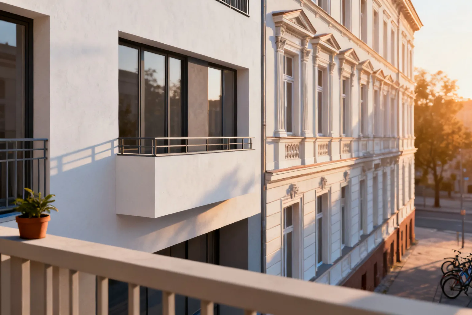 Porównanie dwóch elewacji: prosta modernistyczna z dużymi oknami obok ozdobnej kamienicy z gzymsami; na pierwszym planie balkon z doniczką.