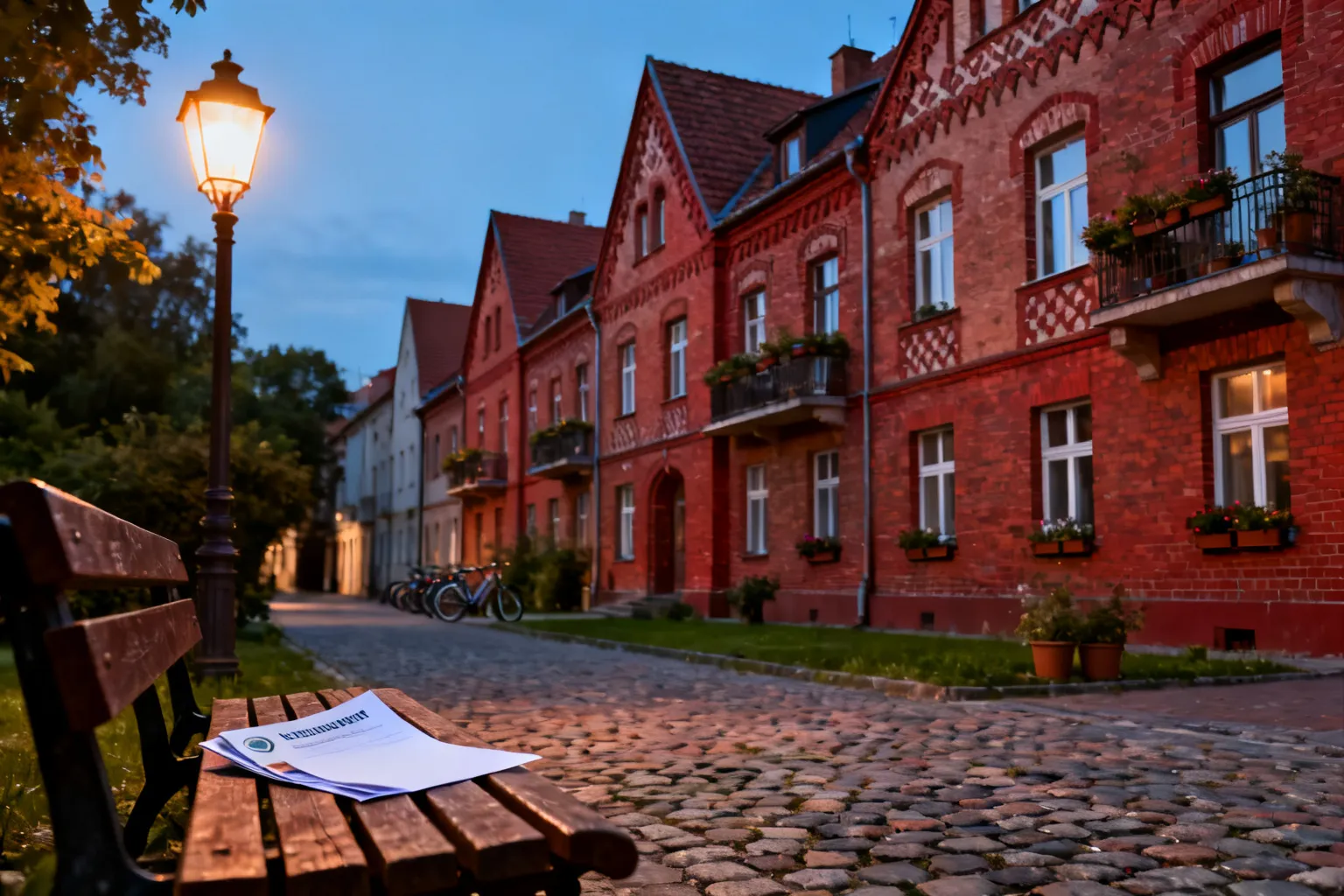 Dziedziniec zabytkowego czerwonego osiedla górniczego o wieczornym świetle, ławka z ulotką i ciepła latarnia tworzą nostalgiczną atmosferę.