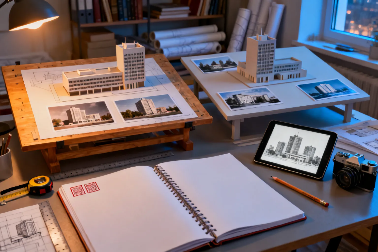 Dwa studyjne stanowiska z modelami i zdjęciami modernistycznej architektury Katowic i Warszawy, szkicowniki i narzędzia projektanta, ciepłe i chłodne oświetleni