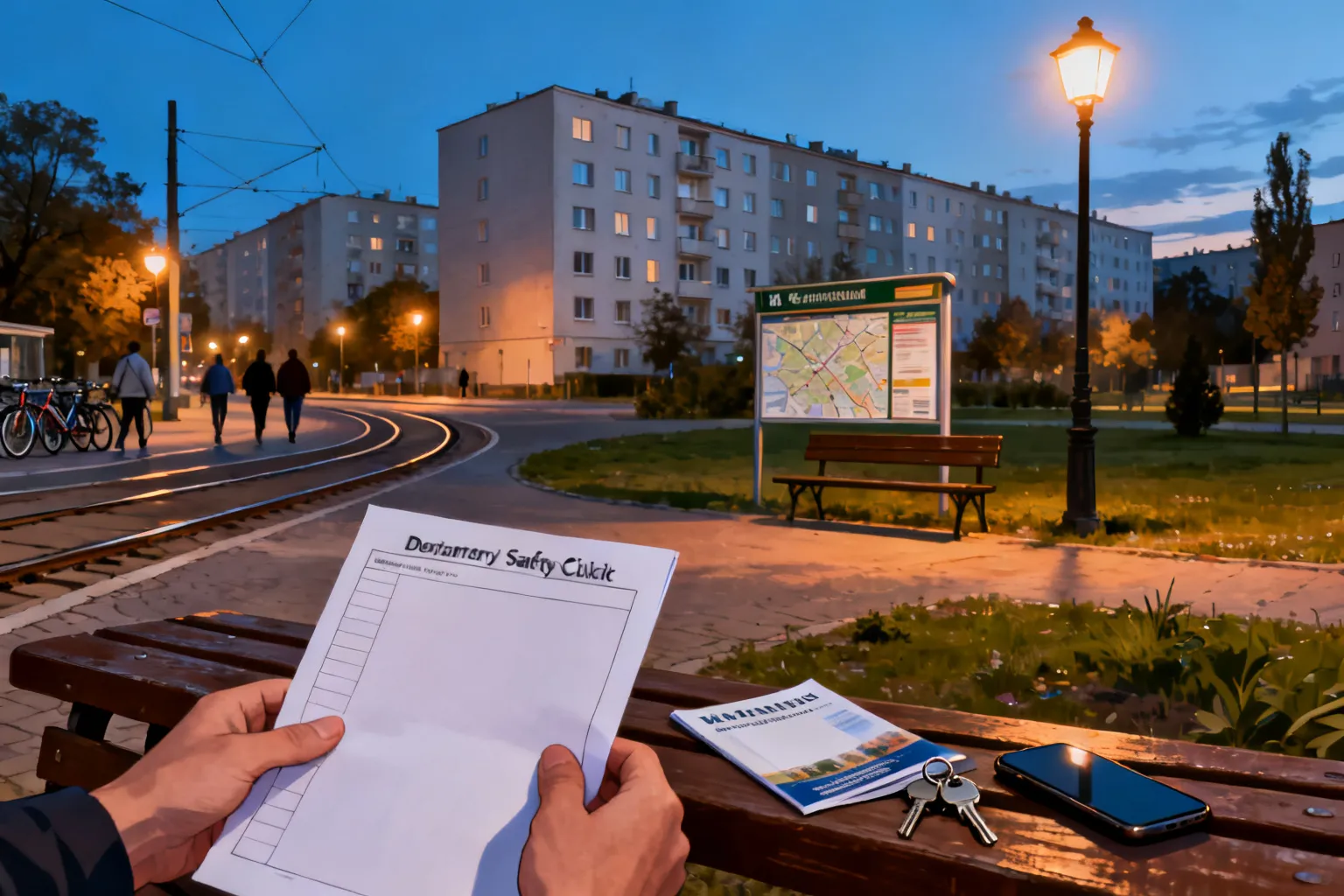 Ręce trzymające pustą listę kontrolną bezpieczeństwa na ławce przy tablicy informacyjnej, w tle park, kamienice i tor tramwajowy wieczorem.