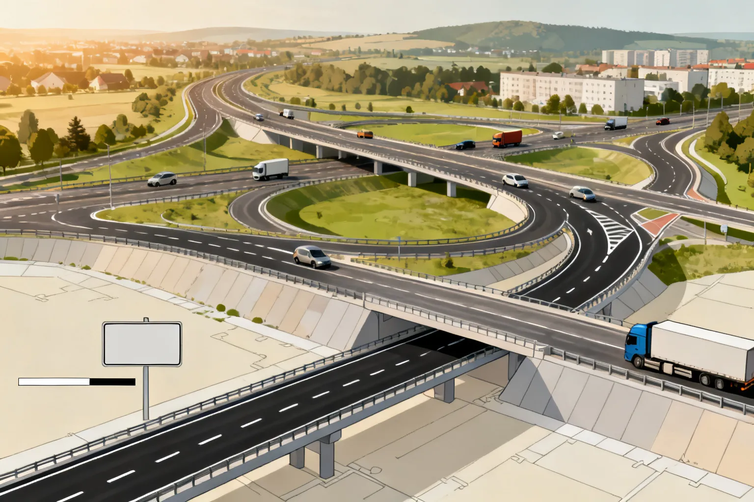 Mapa lotnicza obwodnicy Katowic pokazująca szczegółowy przebieg trasy, węzły, zjazdy, wiadukty i otoczenie podmiejskie.
