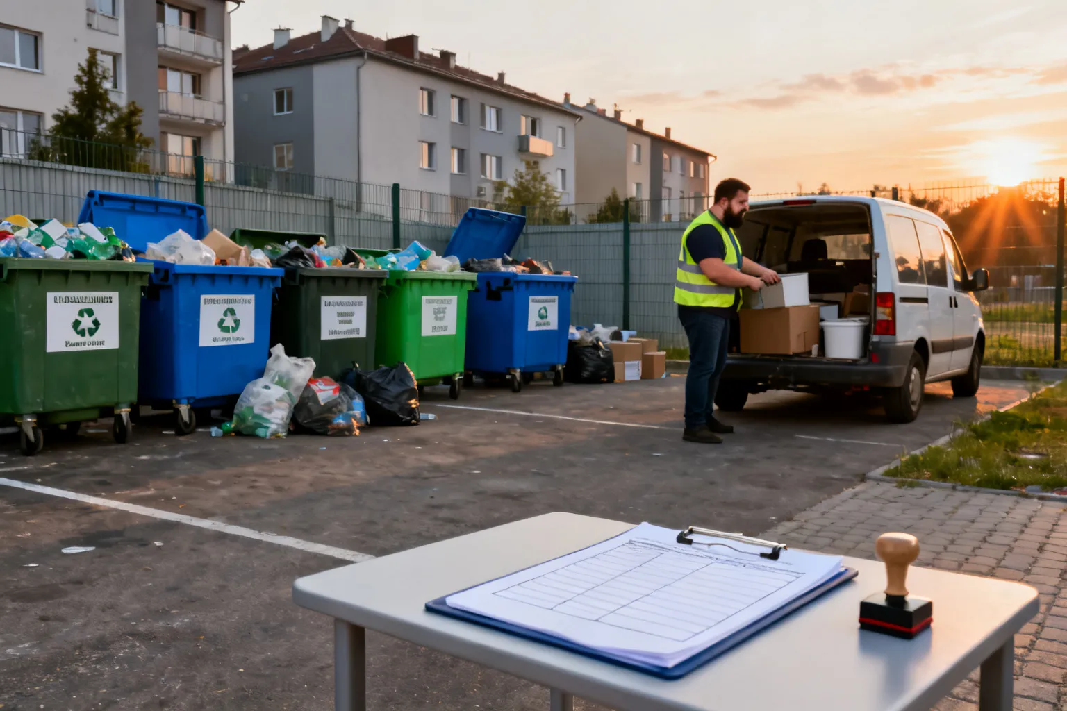 Punkt selektywnej zbiórki odpadów w Katowicach: estetyczne pojemniki, pracownik w kamizelce pomaga przy rozładunku vanu, tablica informacyjna.