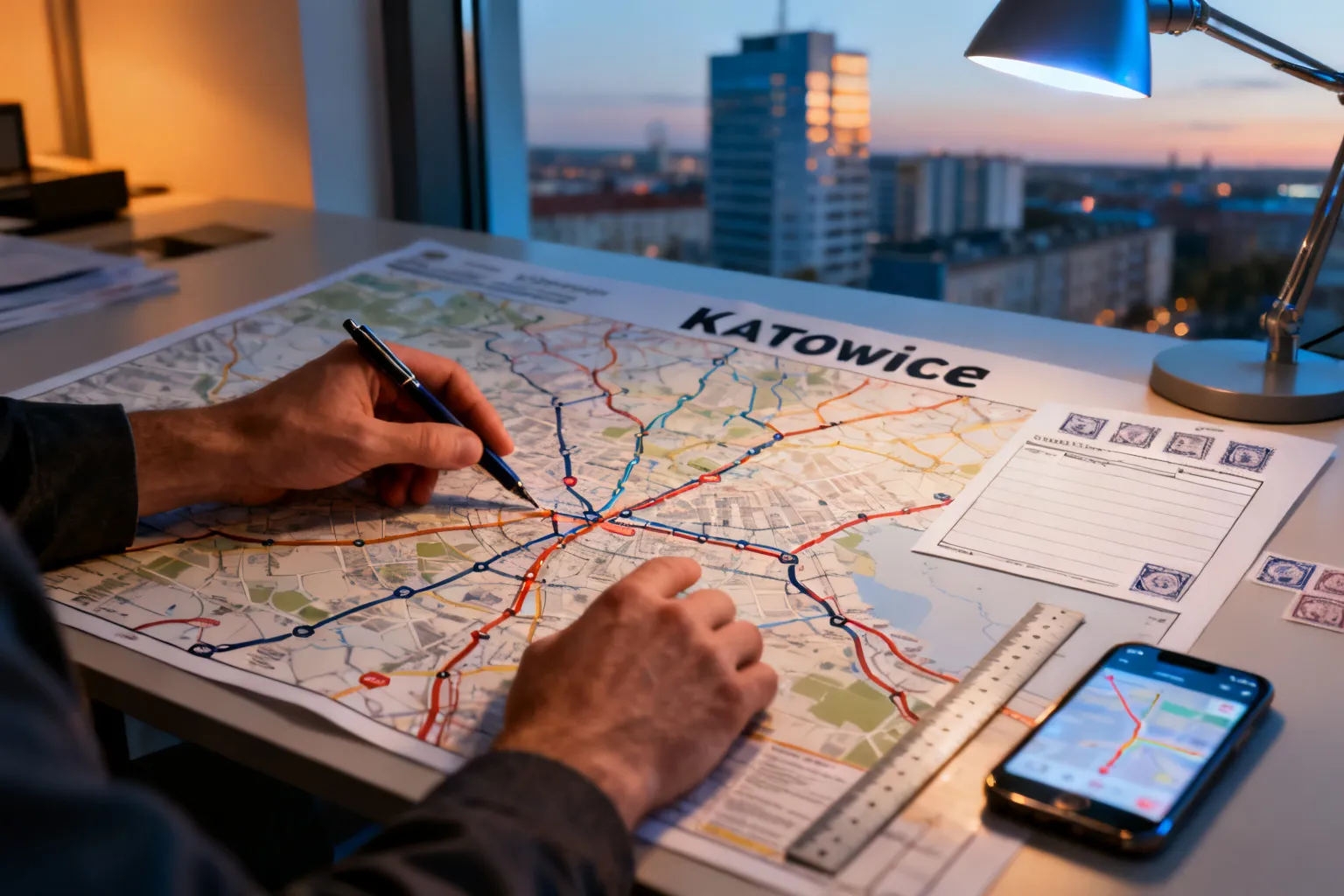 Ręce wskazujące długopisem na szczegółową mapę arterii komunikacyjnych Katowic na biurku, obok formularz, linijka i telefon.